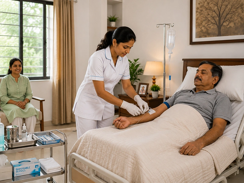 Qualified Nurse performing clinical procedure at home