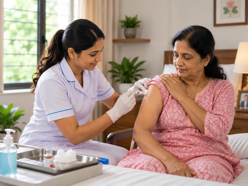 A nurse giving an injection in a woman's upper arm at home