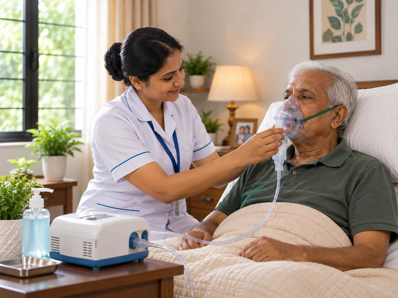 A nurse helping an older man use a nebulizer mask while he sits up in bed