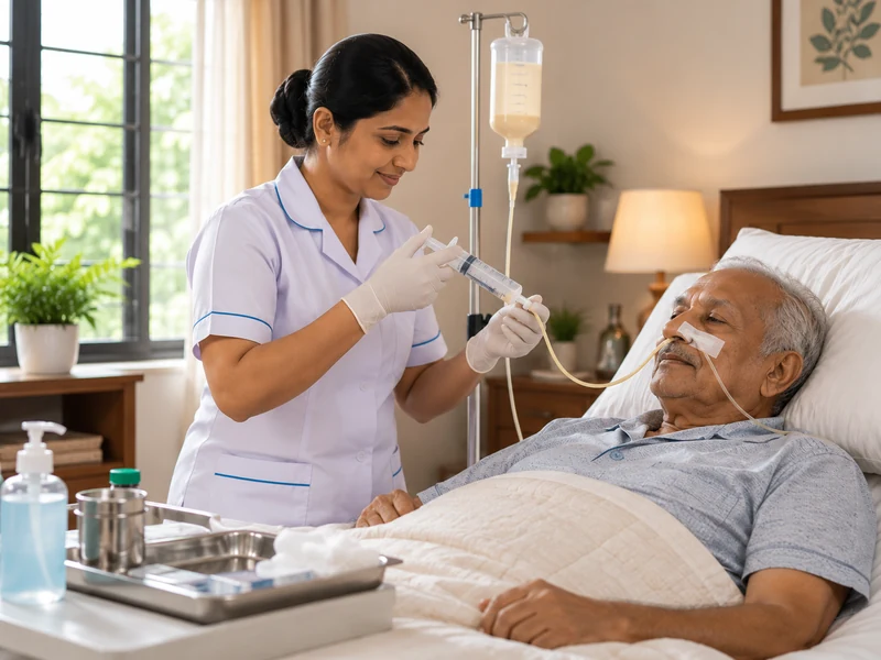 A nurse preparing a syringe feed for a man with a nasal feeding tube