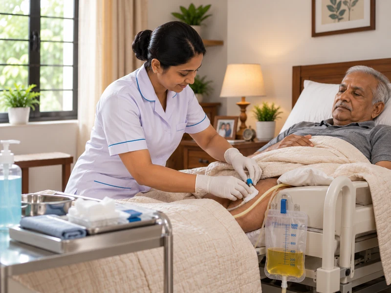 A nurse attending to catheter tubing and a urine bag beside a man in bed