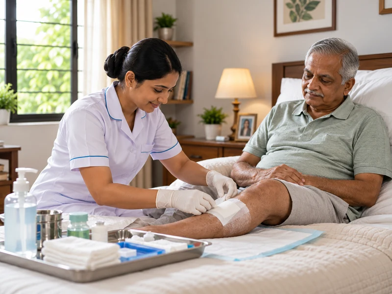 A gloved nurse dressing a man's knee while he sits on a bed at home